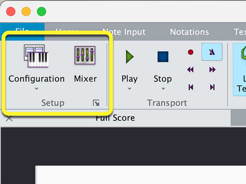 Step 2: In Sibelius' "Play" menu, find the first grouping, called "Setup."