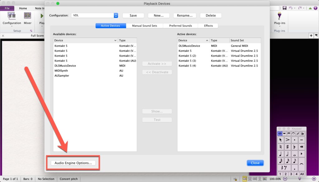 Step 3: Open Sibelius' "Audio Engine Options" menu.