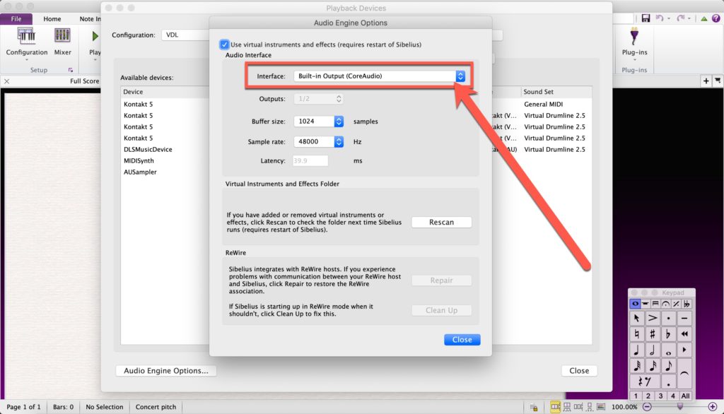 Step 4: Expand Sibelius' "Audio Interface" dropdown menu.