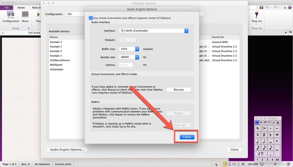 Step 6: Close Sibelius' Audio Engine Options menu.