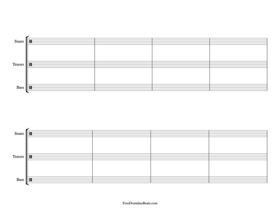 2 System, 4 Bar Drumline Sheet Music: Landscape layout.