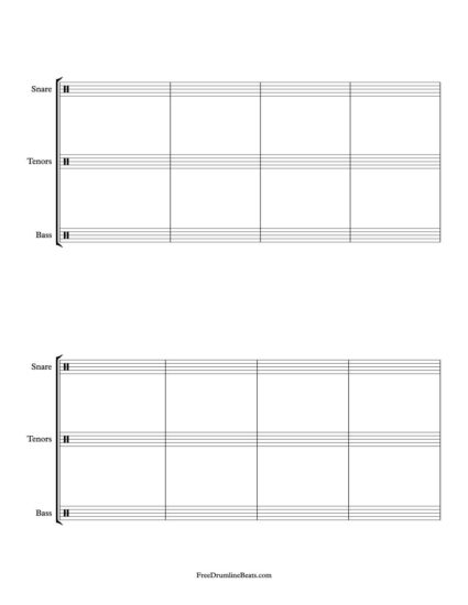 2 System, 4 Bar Drumline Sheet Music: Portrait layout.