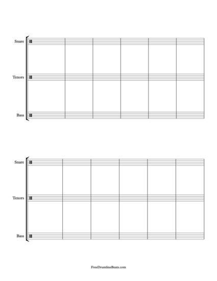 2 System, 6 Bar Drumline Sheet Music: Portrait layout.