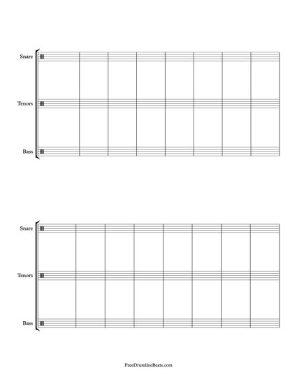 2 System, 8 Bar Drumline Sheet Music: Portrait layout.