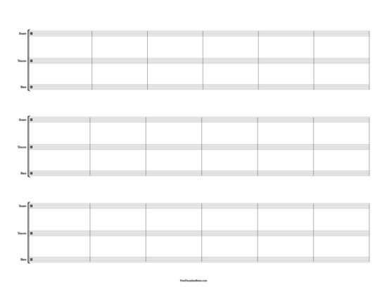 3 System, 6 Bar Drumline Sheet Music: Landscape layout.