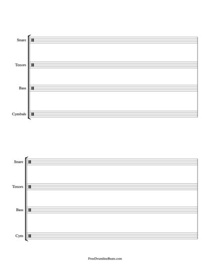 2 System, 1 Bar Drumline Sheet Music: Portrait layout.