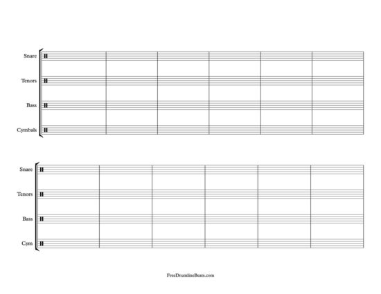 2 System, 6 Bar Drumline Sheet Music: Landscape layout.