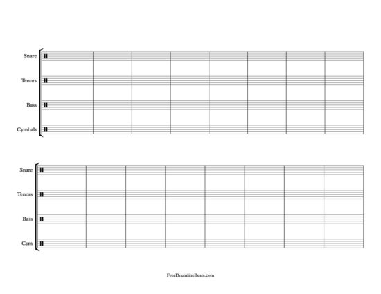 2 System, 8 Bar Drumline Sheet Music: Landscape layout.