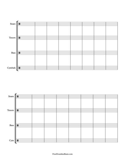 2 System, 8 Bar Drumline Sheet Music: Portrait layout.