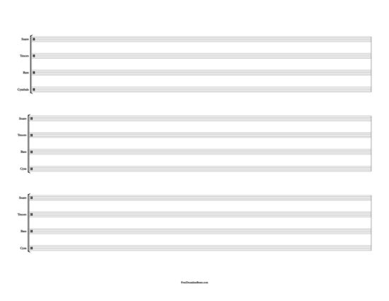 Snare, Tenor, Bass, Cymbals Sheet Music - Sheet Music: 3 Systems, 1 Bar - Landscape layout.
