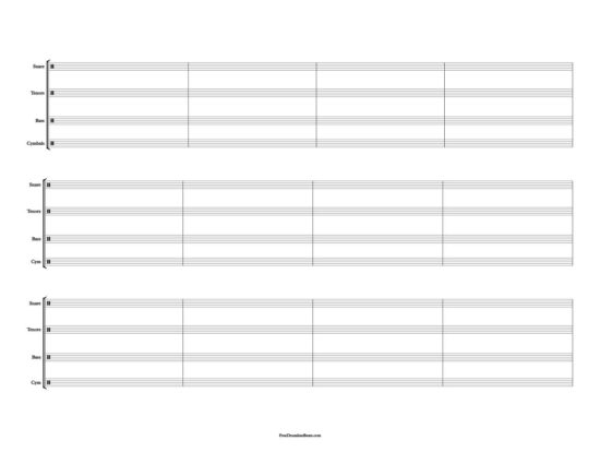 3 System, 4 Bar Drumline Sheet Music: Landscape layout.