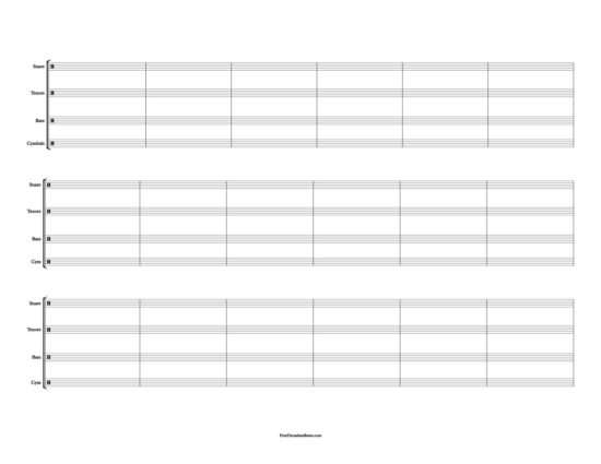 3 System, 6 Bar Drumline Sheet Music: Landscape layout.