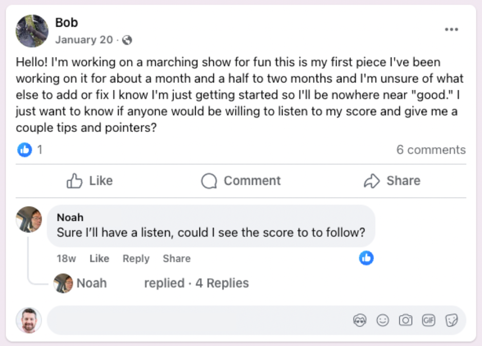 Drumline writing Facebook group.