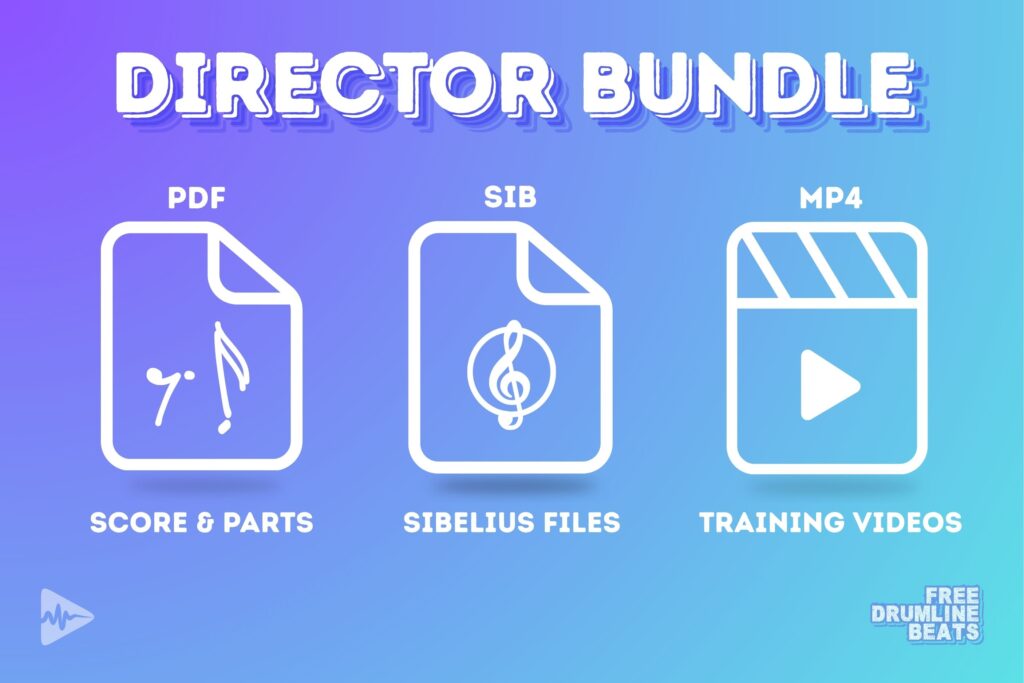 Free Drumline Beats Director Bundle: Editable Sibelius files, PDF Score & Parts, and Play-along Training Videos included.