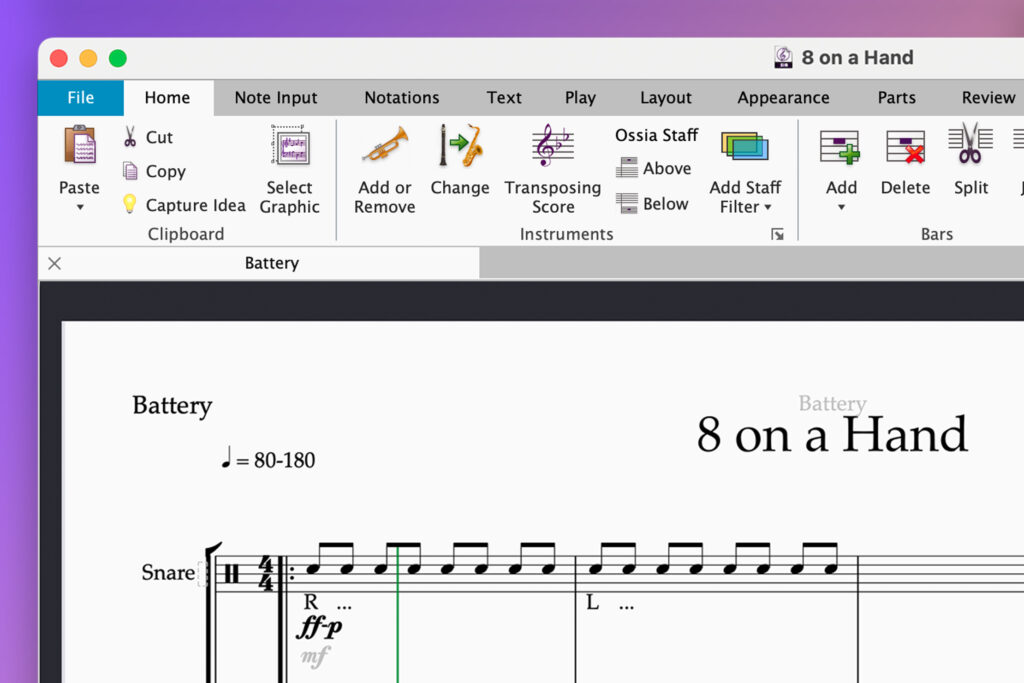 Free Drumline Beats: Sibelius Files (screenshot).